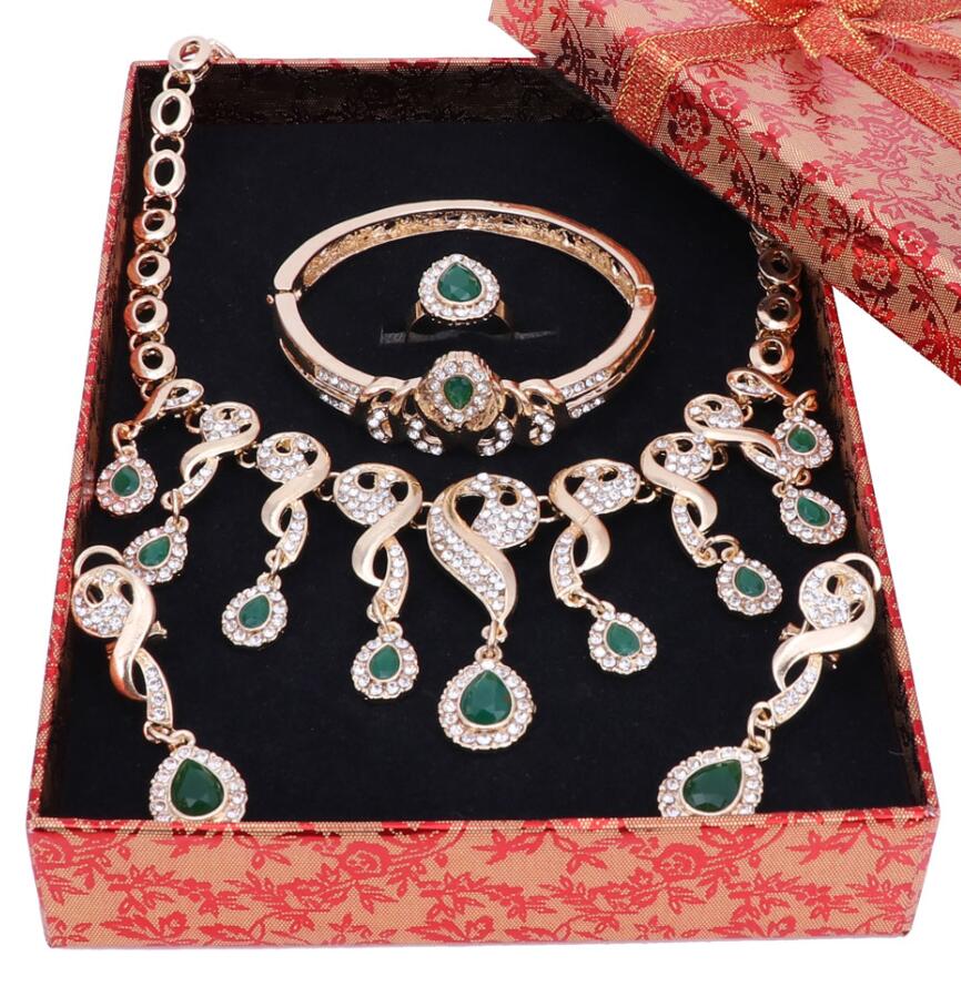 Goud Kleur Crystal Afrikaanse Kralen Sieraden Sets Voor Vrouwen Jurk Accessoires Bruiloft Bruids Ketting Oorbellen Armband Ring Sets: Green Set Add Box