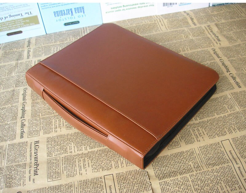 A4 zipper leather portfilio with handle spring binder manager document bag business file folder briefcase file organizer 1260: red brown