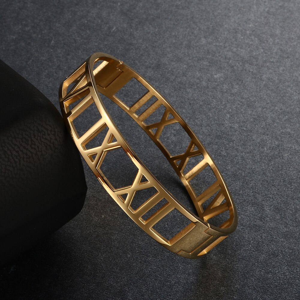 Cuff Bangles Bracelets For Woman 12MM Roman Numerals Stainless Steel Gold Plating Bangle Female Male Jewelry Wristband