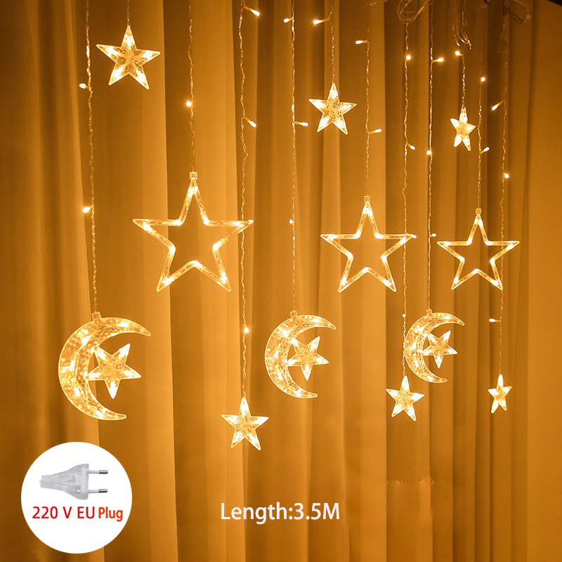 Cortina de luces LED con forma de ciervo, Estrella y Luna, guirnalda de luces de colores para Navidad, decoración de Año , para exteriores, hogar, boda, , 220V: warm star plus moon