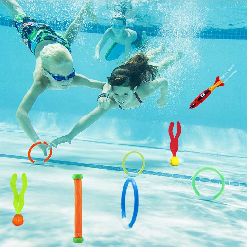 Dykkerlegetøj undervandssynkende swimmingpoollegetøj, dykkeringe og pinde, torpedoer, vandgræs, dykkertræning for børn ( p