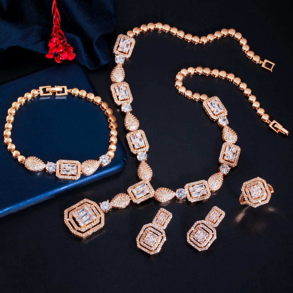 Cwwzircons 4 Pcs Luxe Witte Kubieke Zirkoon Vrouwen Bruiloft Kostuum Sieraden Sets Voor Bruiden Dubai Goud Kleur Party Accessoires T483