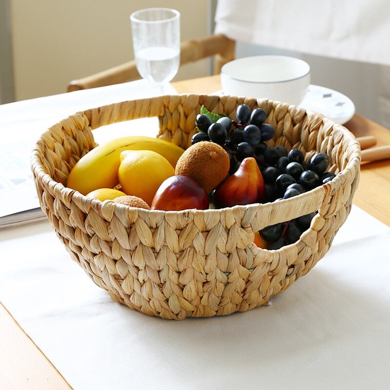 Naturlig stråvævet disk frugtopbevaringskurv snack melon frøbakke bord diverse kurv frugtkurv desktop opbevaringsbakke
