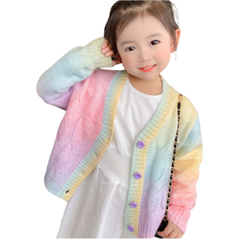 Muticolor freundlicher Mädchen Regenbogen Rundhals zur Seite fahren Strickjacken Farbverlauf Langarm Strickwaren/Strickjacke für Herbst Winter Kleidung