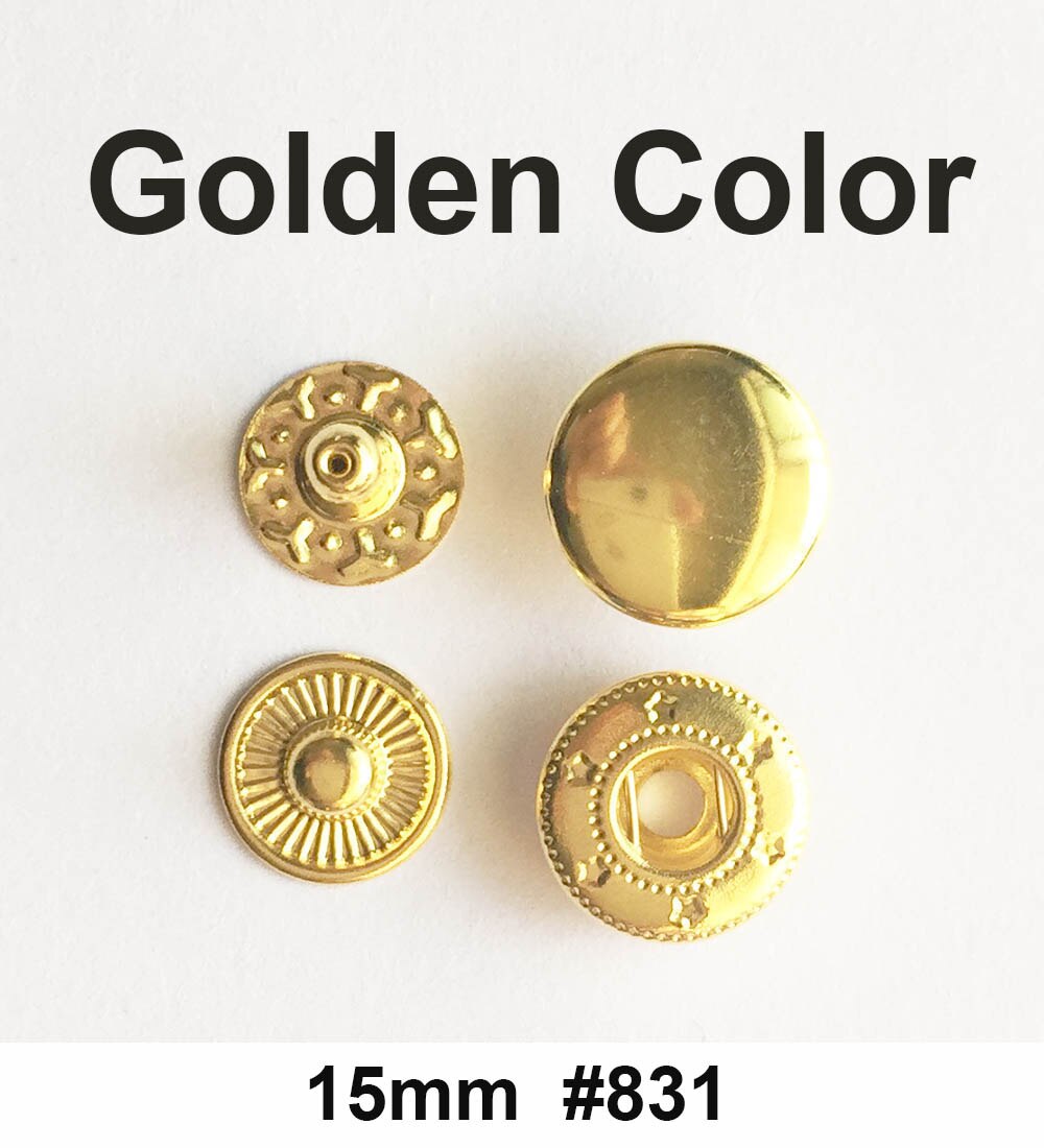 Okrągły metalowy przycisk zatrzaskowy robić skórzanych toreb odzieżowych pstryknąć Fastner zatrzaski zestaw narzędzi instalator srebrne guziki 831/633/655/201/203: 50 zestaw / złoty  15mm 831