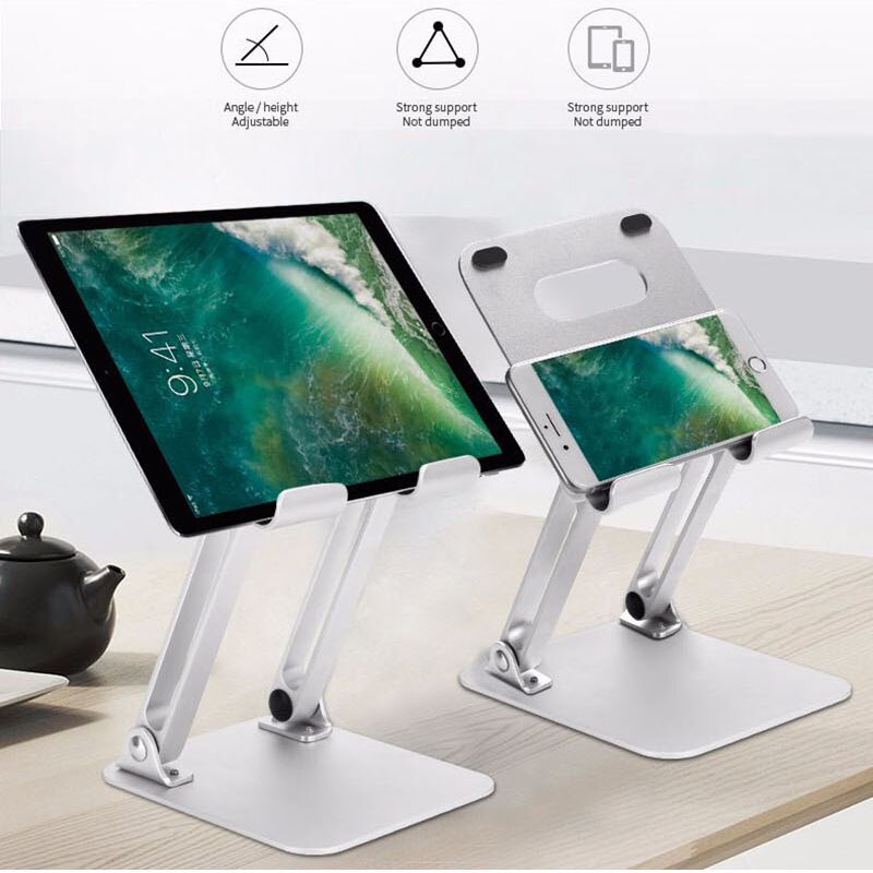 Tablet Phone Stand Holder - Aluminum Alloy - Flexible Adjustment - Foldable - For iPad, iPhone, 4-10 Inch Tablets