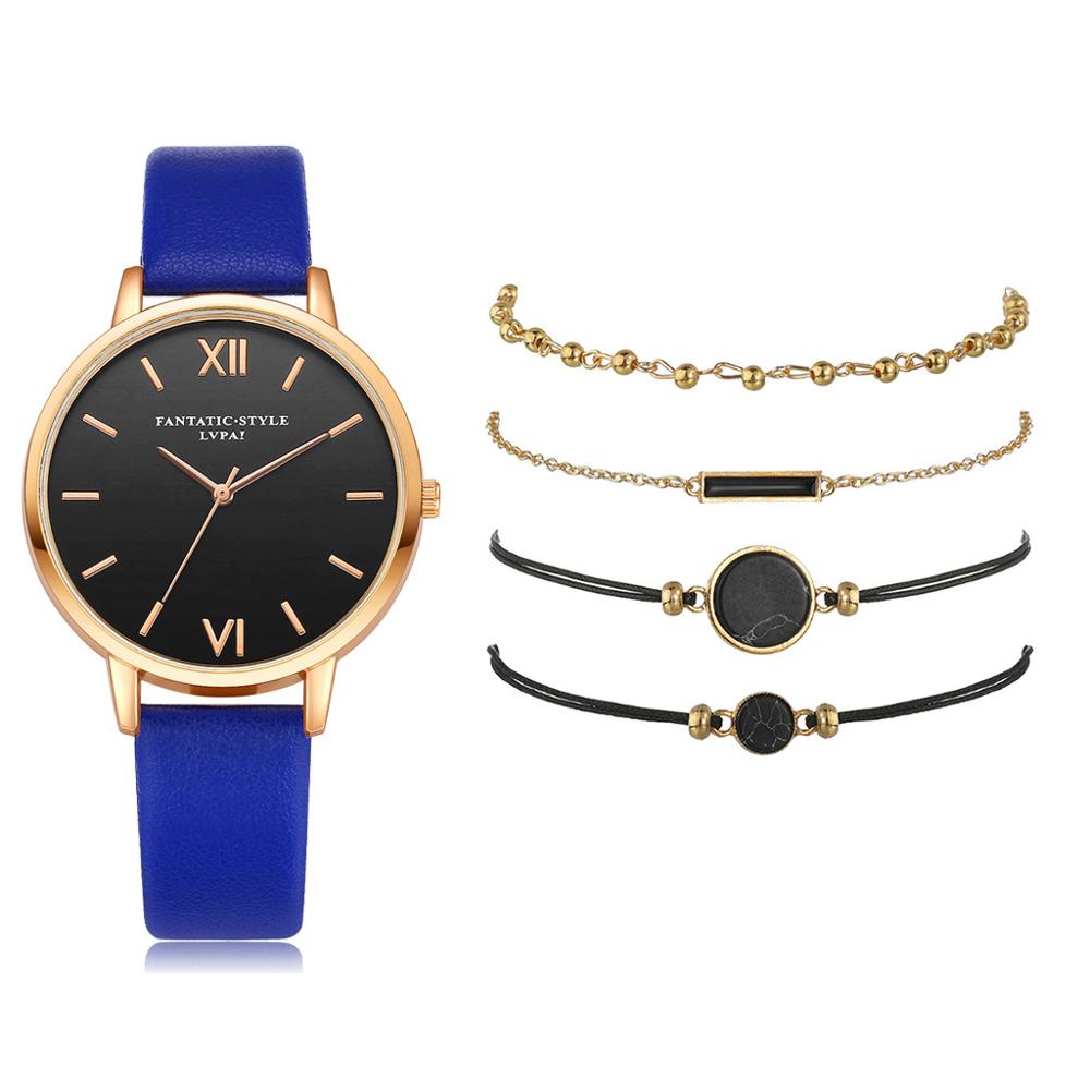 Ensemble de montres en cuir pour femmes, 5 pièces, montres à Quartz, simples, romaines, décontractées, , offre spéciale,: deep blue set