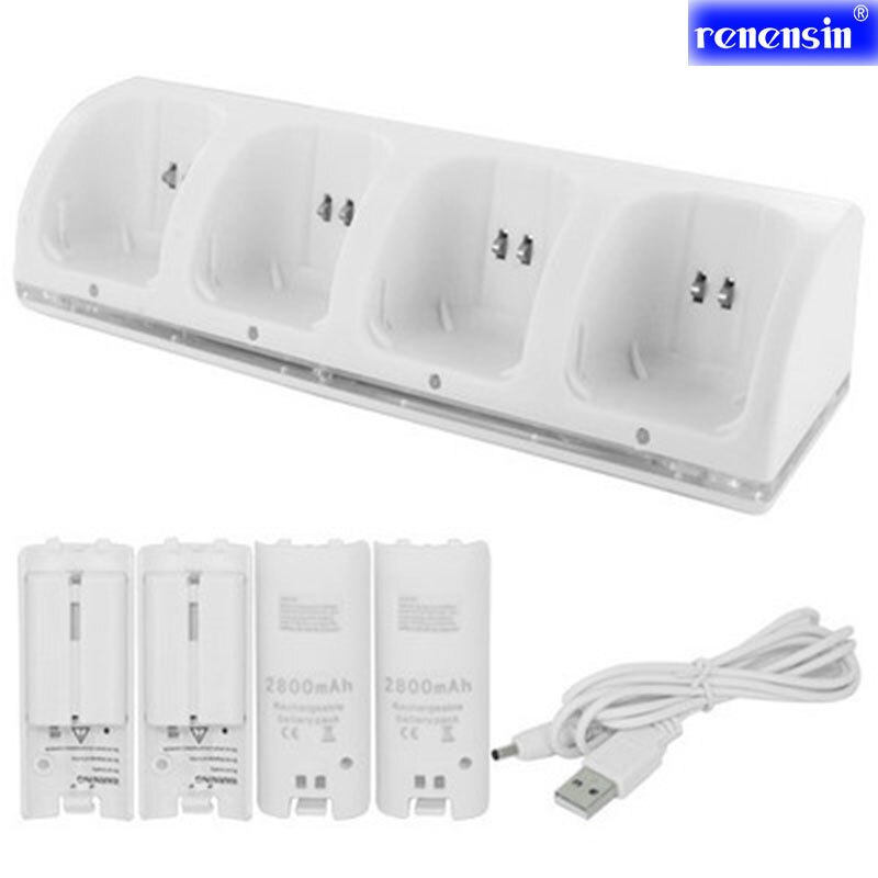 Wit Gamepad Batterij oplader stand 4x Oplaadbare Batterij + Quad 4 Dock Station Charger Kit voor Wii Remote Controller