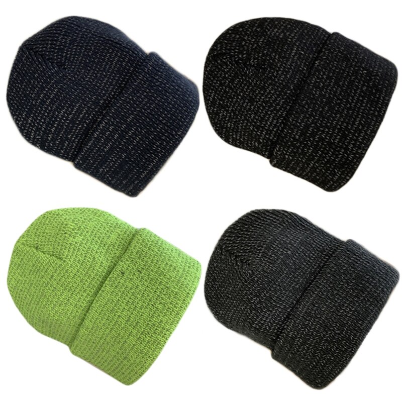 Reflective Knitted Beanie Hat Winter Warm Night High Visibility Safety Skull Cap Y1QD