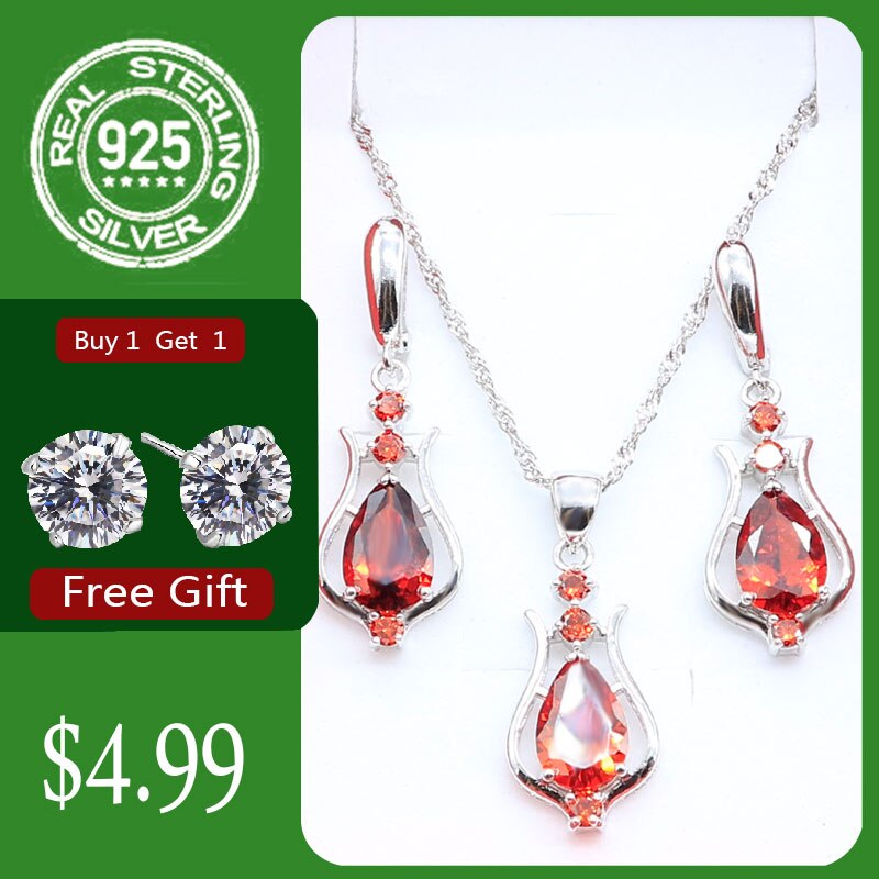 925 Sterling Silver Jewelry Green Emerald Necklace dangle Earrings For Women Costume Jewelry Sets Free: Red / 9