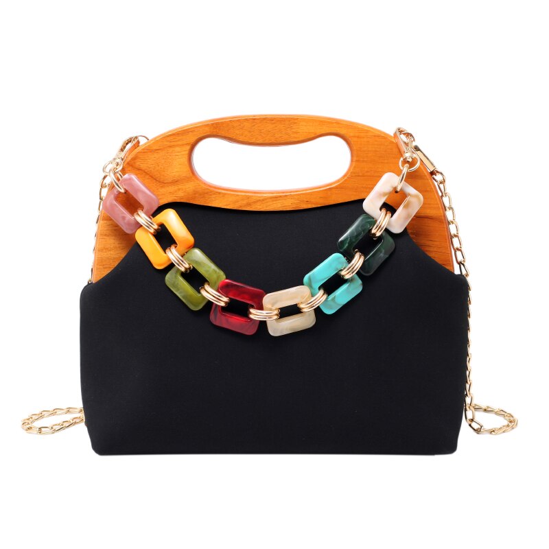 Vintage madera Clip mujeres, Bolsos De Mujer de cuero de matorral bandolera bolsas para chicas Chic suave de lujo de bandolera de hombro: Black