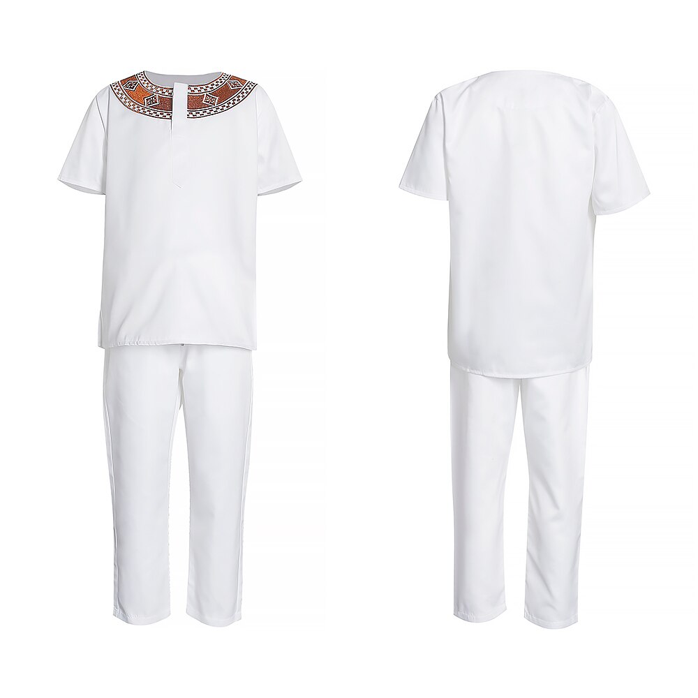 H &amp; D Kids Afrikaanse Kleding Jongens Overhemd Broek 2 Delige Set Ankara Dashiki Geborduurde Korte Mouw Tops Broek Pak kinderen Outfit