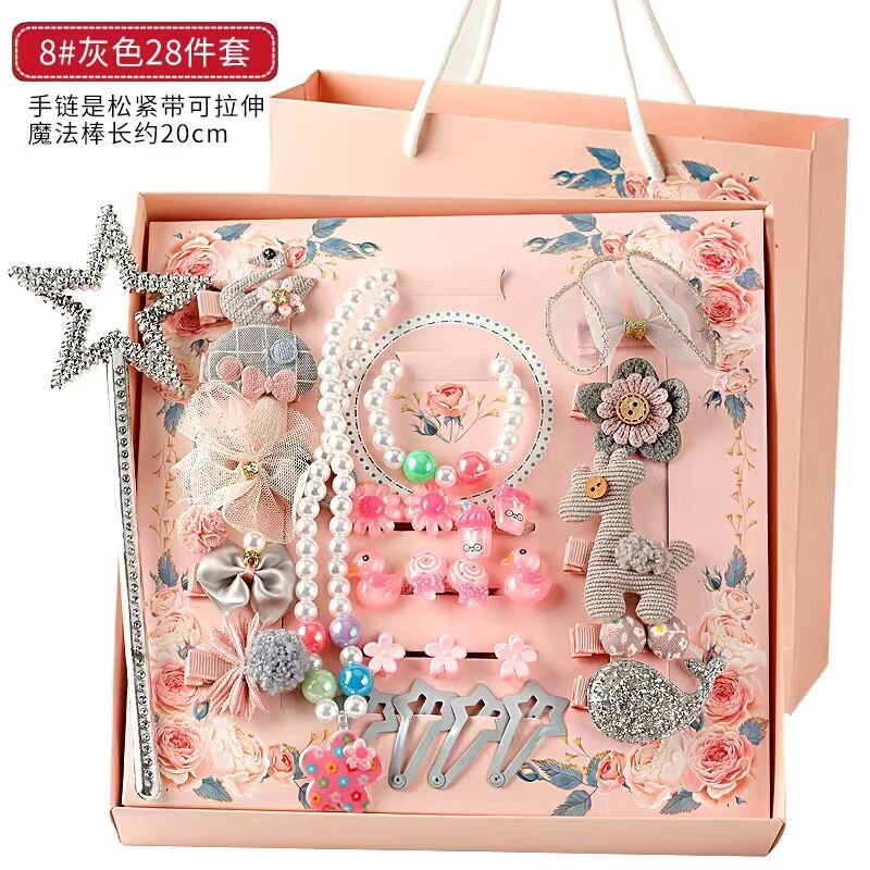 28 Stks/set Kids Hoofddeksels Set Baby Meisje Haarspelden Boog Haar Accessoires Met Doos Leuke Baby Hoofdband Haar Clips Verjaardag: 8Gray