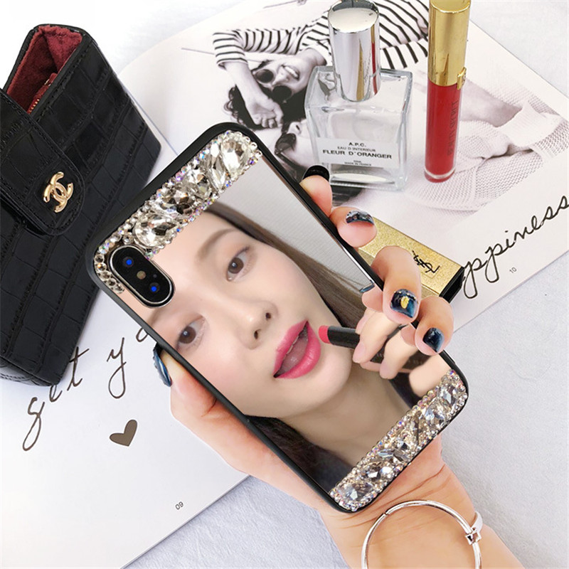 Rhinestone Tempered Glass Mirror Phone Case For iPhone XR Xs Max XR Sparkle Bling Diamond Back Cover for iPhone X 6 7 8 Plus