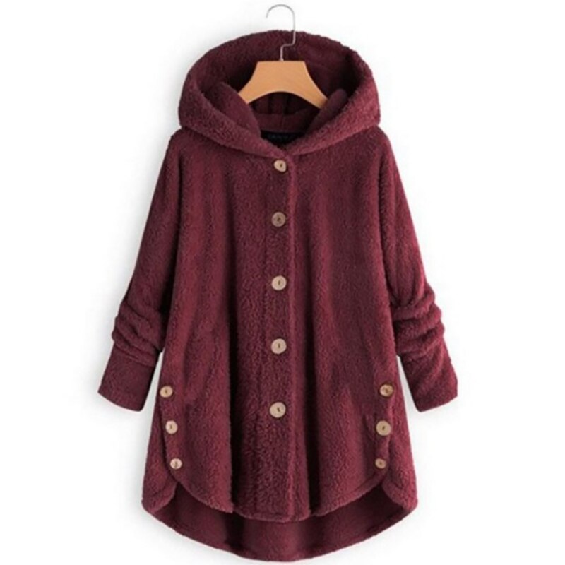 Abrigo de lana y mezclas para mujer, abrigo cálido de oso de peluche, chaqueta de lana de felpa, talla grande, M-4XL, otoño e invierno,: XL / Red wine