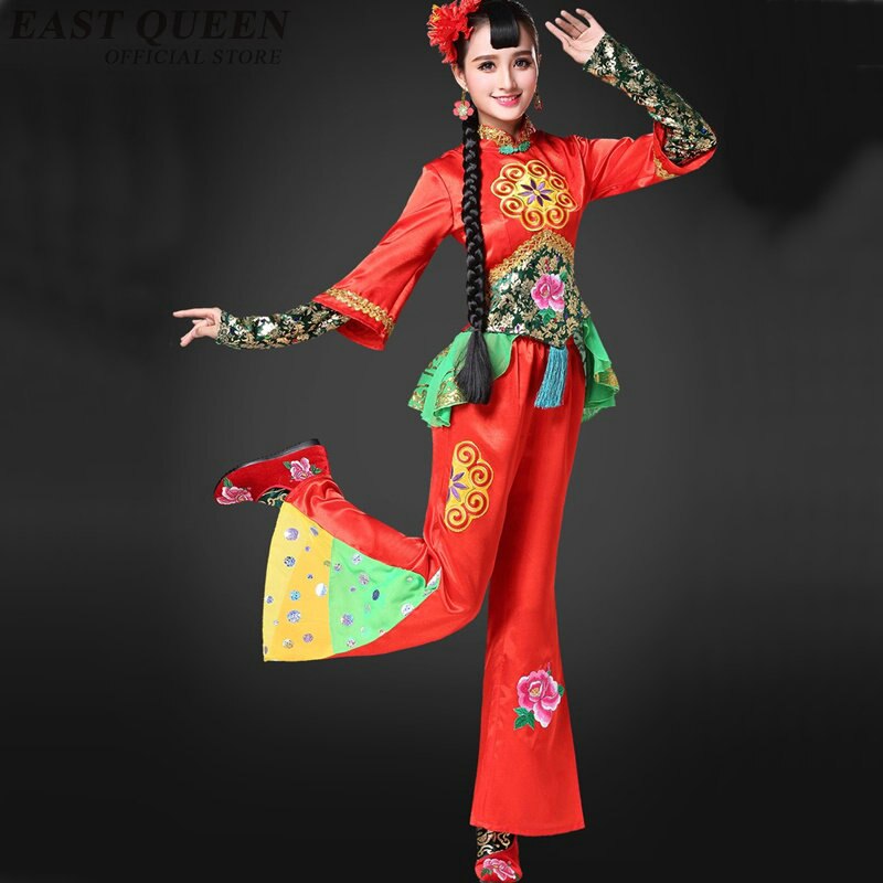 folklórico de China danza Yangko Coustume danza chino Año Festival Hanfu rojo Fan baile con tambores desgaste 3XL 4XL 5XL FF035 YQ