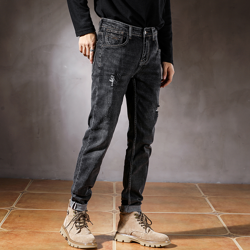 Jeans preto rasgado para homens hip hop estiramento fino em linha reta casual moda streetwear distressd homem calças jeans destruído outono
