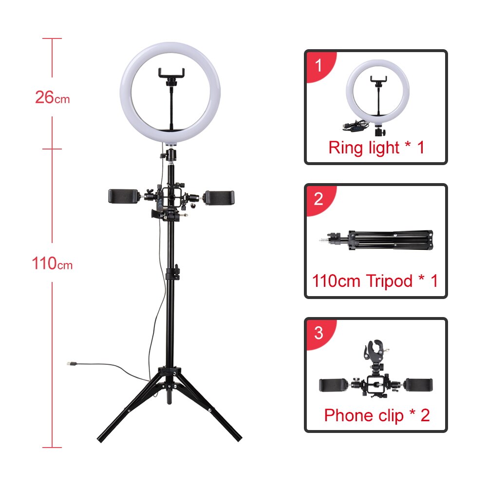 Yizhestudio 10inch 26cm USB Interface Dimmable LED Ring Light lamp Camera Phone Photography Video Makeup Lamp With Tripod clip: 1.1M -2