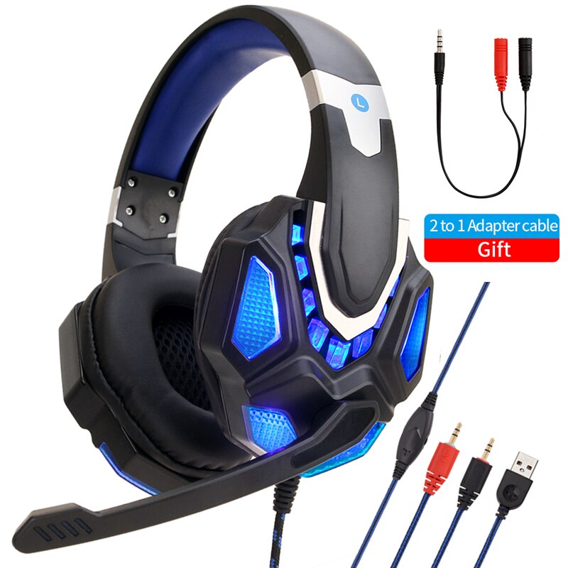 Speldator headset trådbundet headset bärbar telefon pc led headset med mikrofon för  ps4 xbox en dator: Blå led
