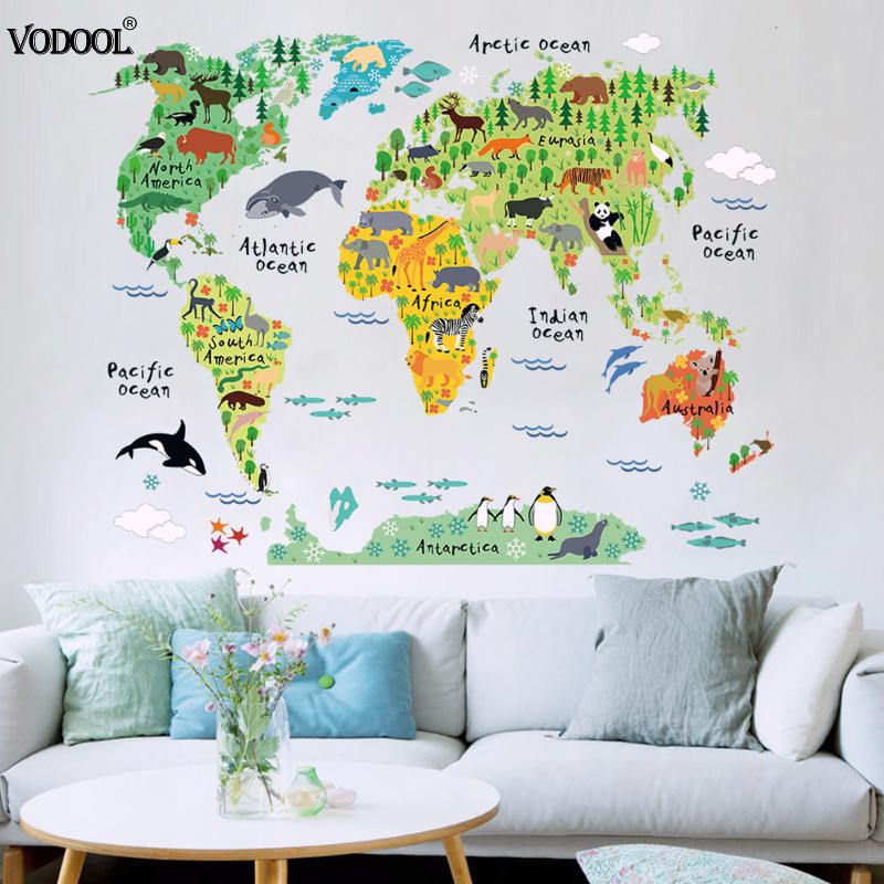Colorido Animal mundo adhesivo con de mapa para pared Mapa de dibujos animados extraíble PVC papel pintado para habitación de niños calcomanías pósteres para decorar el hogar
