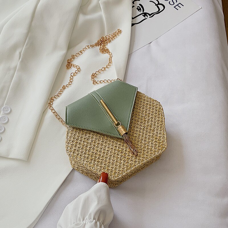 esagono Mulit Stile di Paglia + Borsa di cuoio Delle Donne di proprietà del Sacchetto Del Rattan Fatti A Mano Da Spiaggia Tessuto Cerchio Sacchetto di Spalla della Boemia di Nuovo Modo: verde