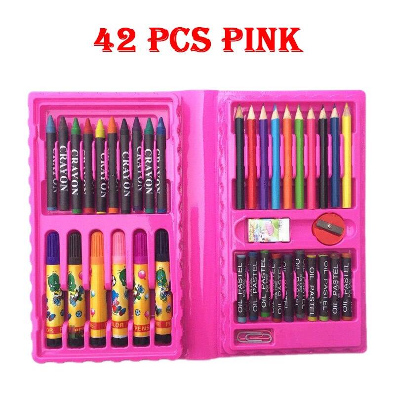 42-208Pcs Kids Draw Set Colored Pencil Crayon Watercolor Pens with Drawing Board Educational Toys Water Painting Art: 42 pcs Pink