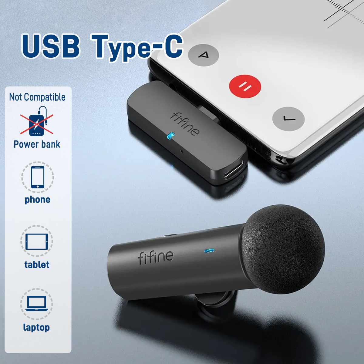 Microfone de gravação de lapela sem fio FIFINE, mini microfone tipo C para celular/tablet/laptop, fluxos ao vivo/vlog/interview-M6