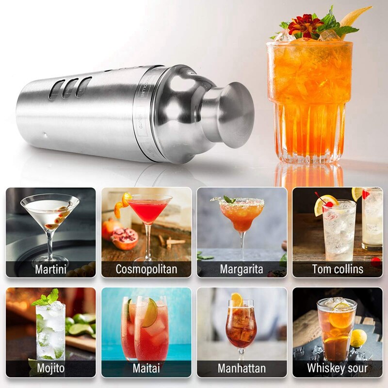 Ensemble de barre d'acier inoxydable 24Oz de secoueur de Cocktail 3 pièces secoueurs de Cocktail avec le Guide de recette de Rotation, accessoires d'outil de Martini construits