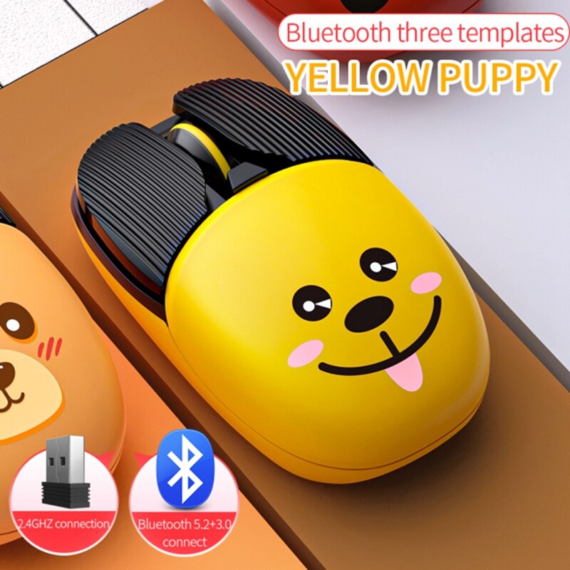 Wireless Bluetooth Mouse Cute Mouse Dual Mode Rechargeable Type-C Silent 2.4G USB Gaming Mute Mice for Laptop PC Girl: yellow puppy