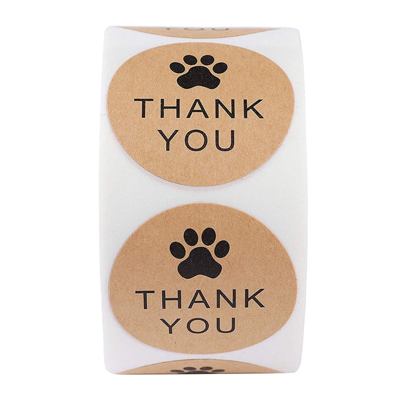 Naturale di Carta Kraft Grazie Adesivi di tenuta etichette Dog Paw Print 1Inch regalo di Imballaggio di cancelleria sticker 500 Etichette Per Bobina rotolo