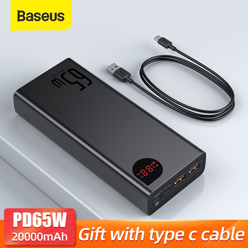 Baseus 65w power bank 20000mah pd qc 3.0 carregamento rápido powerbank baterias externas carregador portátil para o telefone portátil tablet: Black