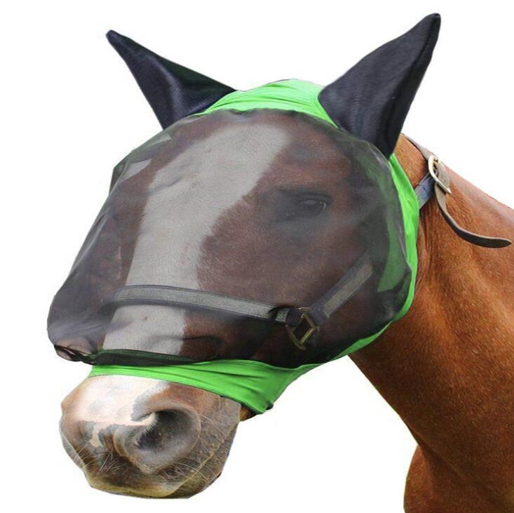 Hästmask luftgenomsläpplig bekväm hästmask sommar myggsäker ridutrustning häst öronmask hästskydd: Grön