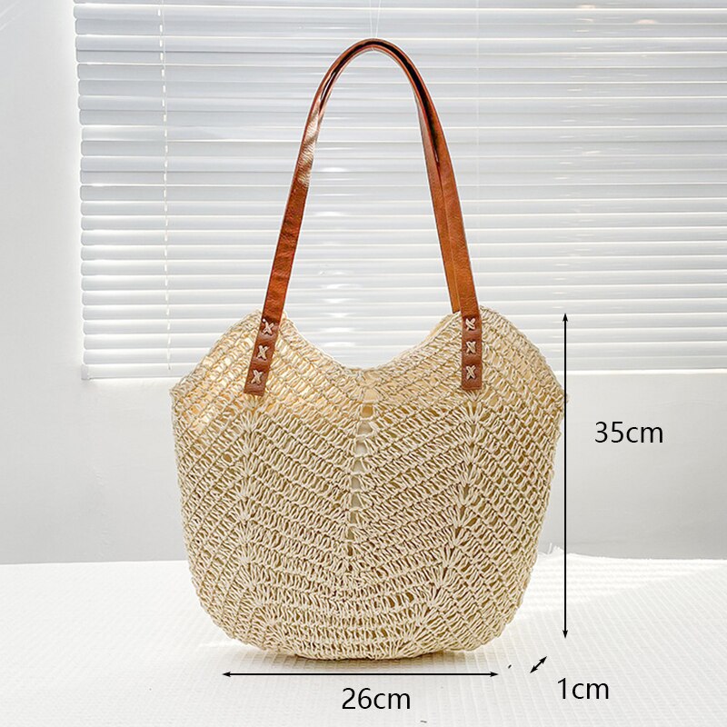 Vierkante Stro Strandtas Handgemaakte Geweven Schoudertas Vrouwen Raffia Shopper Reistas Bohemian Zomervakantie Casual Handtas Totes: e-beige