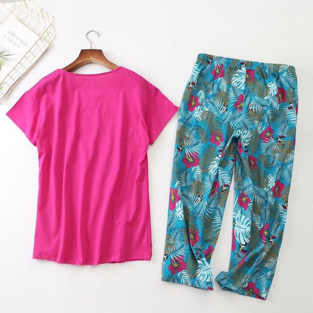 Korean Summer Women Pajamas Cotton Cute Print Pajama Set Top + Capris Elastic Waist Plus Size 3XL Lounge pijamas S95610