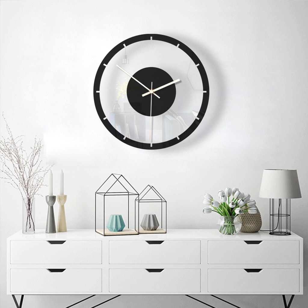 Reloj de pared de estilo nórdico, silencioso, acrílico, transparente, Retro, de hierro, cara redonda, decoración grande para exteriores, color negro