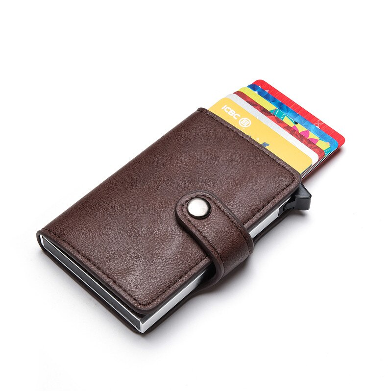 BISI GORO Casual Card Holder Hasp Protector Smart Card Case RFID Aluminum Box Slim Men and Women PU Leather Wallet: Coffee YM015