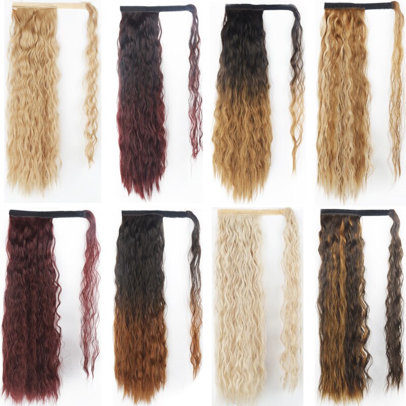 Werd lockigt lång hästsvans syntetiskt hårstycke wrap on clip hair extensions ombre brun hästsvans blont hår