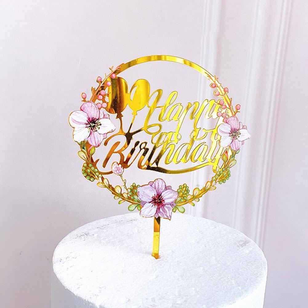 Happy Birthday Cupcake Toppers Colored Flowers Acrylic Baking Dessert Kids Party Decorations Supplies Topper Party Ca R9P5