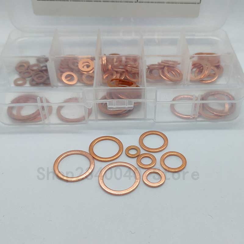 100 st/set  m4 m5 m6 m8 m10 m12 m14 kopparbricka packningssats kopparbricka sortimentsats för båtkross platt tätningsring verktyg