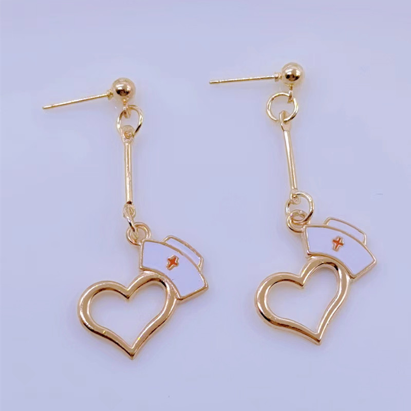 Charm enamel earrings syringe nurse cap stethoscope doctor nurse decoration earrings doctor nurse earring: Imitation Rhodium Plated