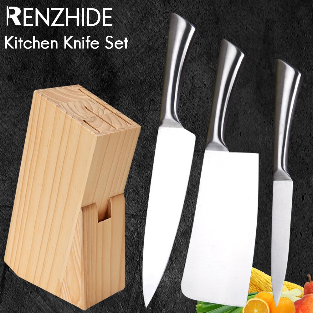 RZD Japanese Cooking Knives Set Chef 8'' Inch Santoku Chopping Utility Knife Holder Wooden Stand Storage Save Space Kitchen Tool