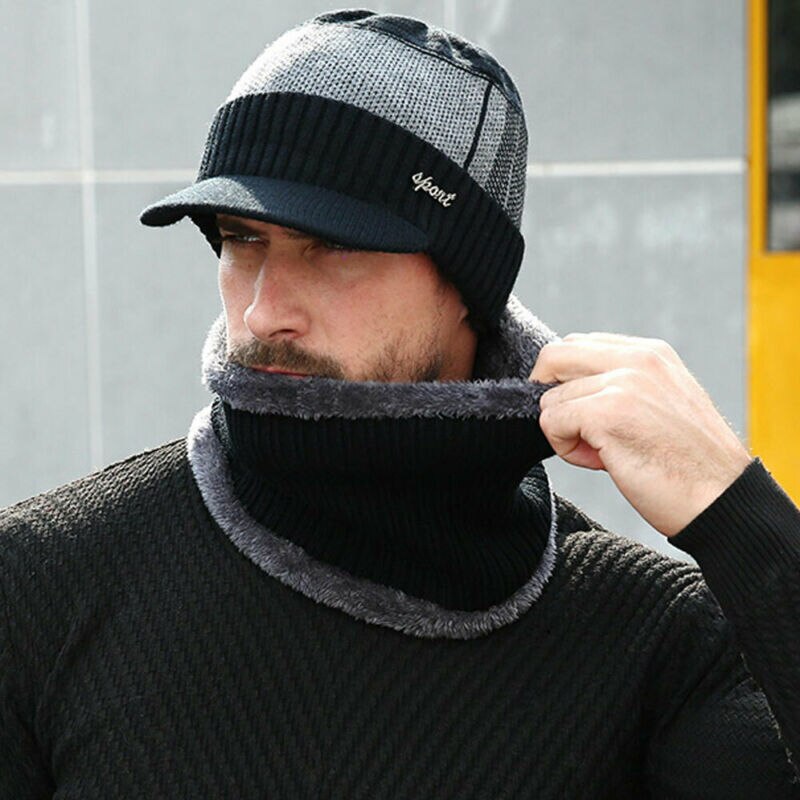 2 stk mænd vinter hatte varm hals cirkel uld strik visir fleece foret beanie hat tørklæde skullies med brim cap