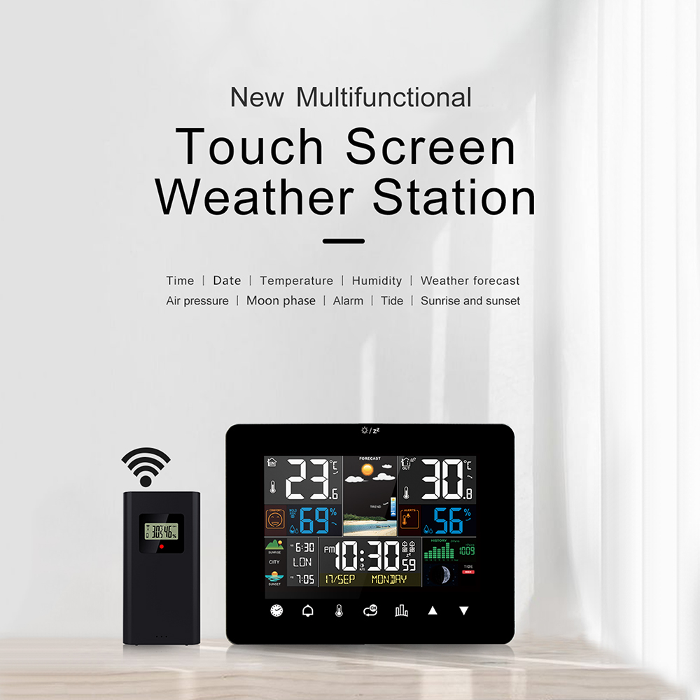 Multifunctioneel weerstation Wekker Touchscreen Thermometer Hygrometer Draadloze sensor Zonsopgang Zonsondergang Hygrothermograaf