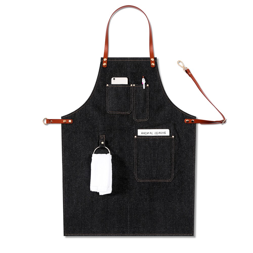 Work Bartender Leather Strap Removable Barista Chef Bib Apron Multi Pocket Casual Denim Uniform Adjustable Baker BBQ