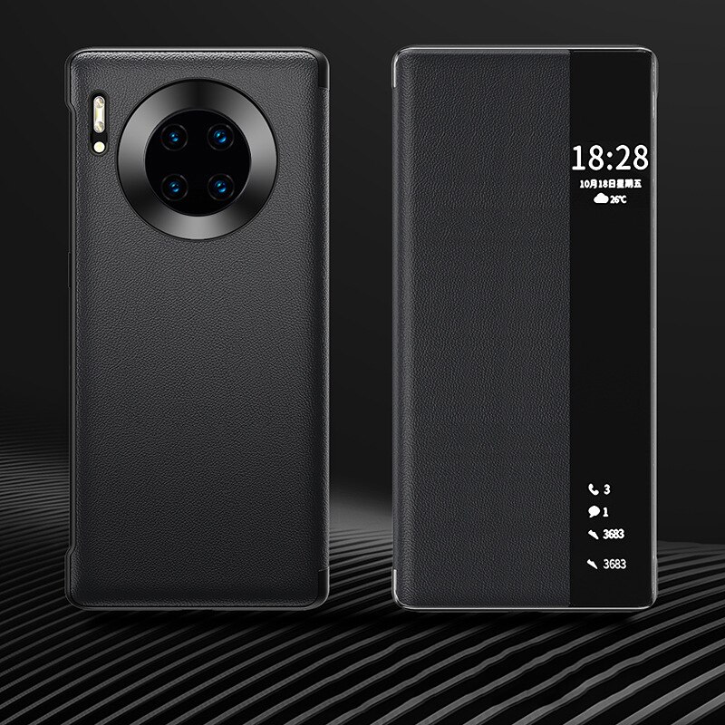 Luxury Leather Smart View Flip Case For Huawei Mate 40 Pro Mate40 Mate40pro 40pro 5G Global Version Magnetic Phone Cover: For Mate 40 / Black