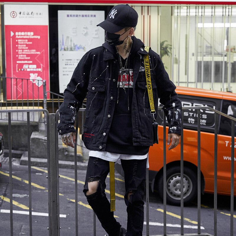 Aboorun mænds hip hop denimjakker overdimensionerede graffiti malede jeansjakker mand mærke revet frakke streetwear  x1282
