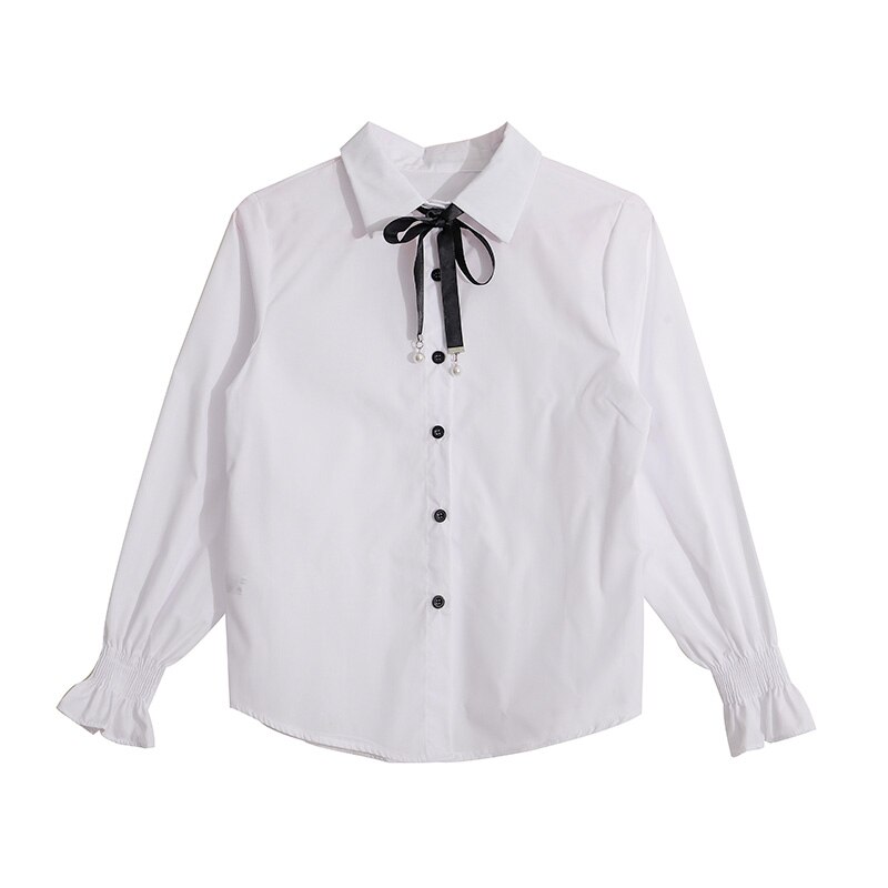Leuke Boog College Wind Overhemd Vrouwelijke Flare Mouw Vrouwen Blouse Harajuku Uniform Shirt Lace Up Witte Blouses Vrouw Tops