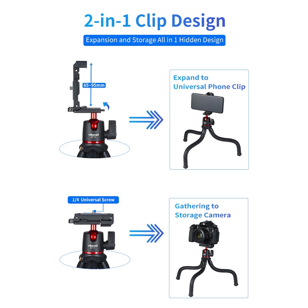 Ulanzi-trípode pulpo Flexible 2 en 1, soporte con tornillo de 1/4 pulgadas, cabeza de bola de ajuste de inteligente para cámara DSLR SLR, MT-11