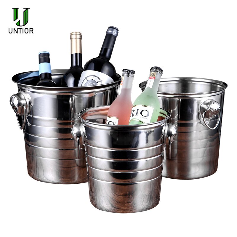 UNTIOR Stainless Steel Bar Ice Bucket Two Handles Champagne Bucket Wine Bucket Spit Wine Barrel Container Ktv Club Bar Supplies