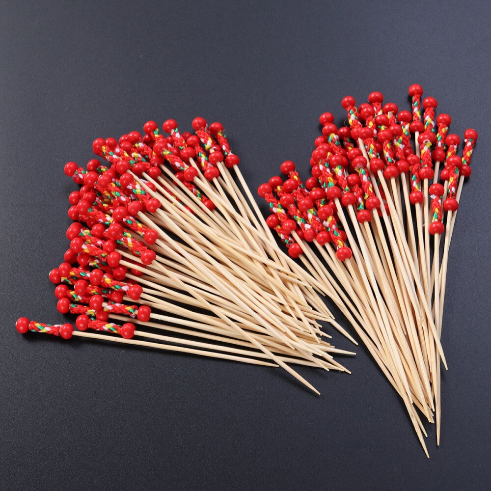 Food Picks Cocktail Fruit Appetizer Drink Picks Sticks Disposable Wood Toothpicks Party Supplies (About 100pcs, Double Red Beads: Red